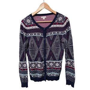 Merona Christmas Holiday Argyle Blue Red Button Front Cardigan Size Small Cotton